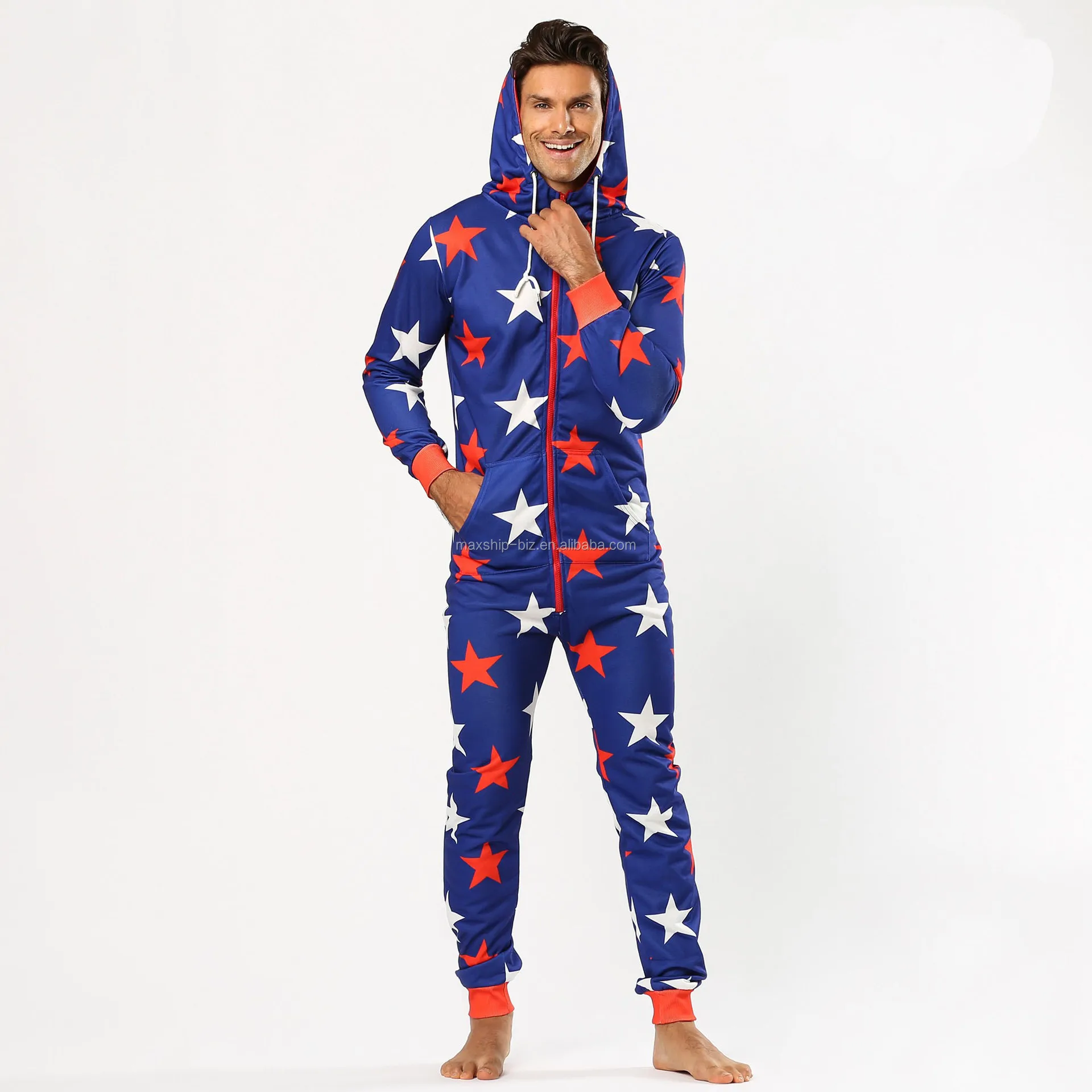 男士时尚印花 onesie 连帽连身衣一件非脚睡衣