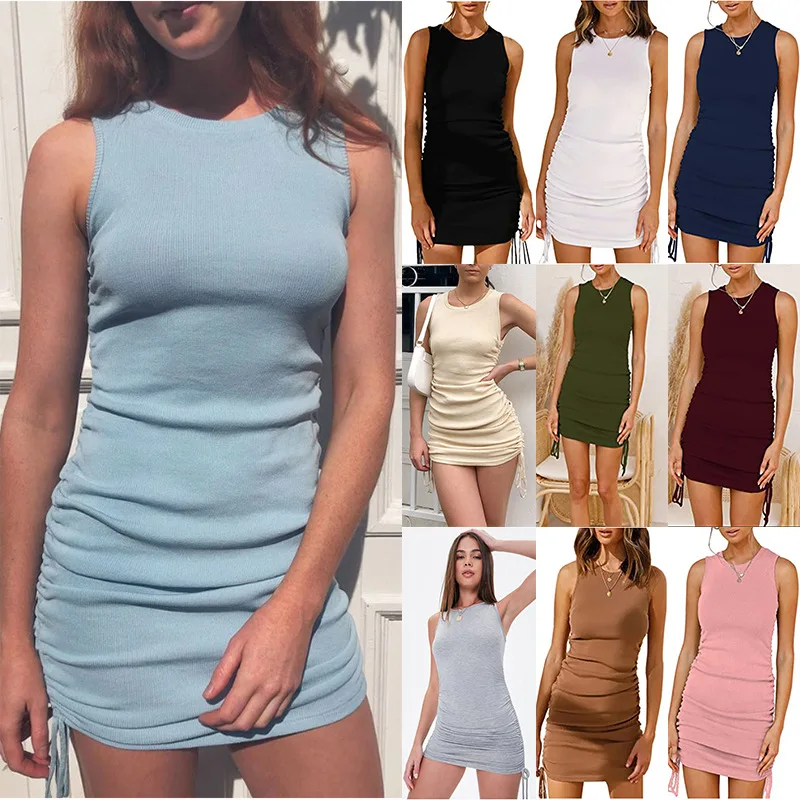 Women's Summer Black Sleeveless Round Neck Threaded Vest Tshirt Drawstring Hip Casual Mini Bodycon Dress
Women's Summer Black Sleeveless Round Neck Threaded Vest Tshirt Drawstring Hip Casual Mini Bodycon Dress
