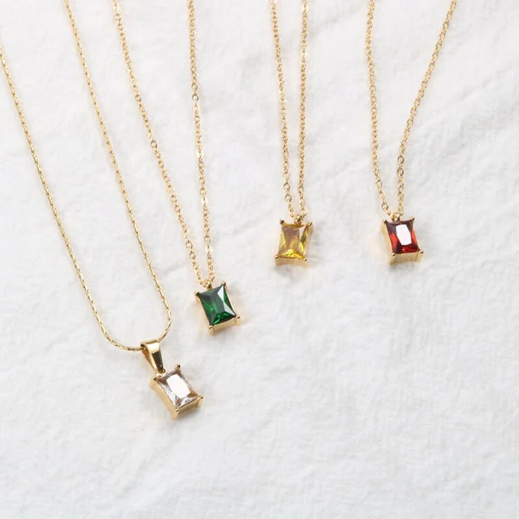 

Trendy 18K Gold Plated Stainless Steel Gemstone Baguette Necklace Dainty Women Square CZ Stone Diamond Necklace, Gold color