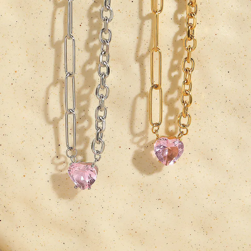Trendy 18K Gold Plated Pink Heart Zircon Pendant Necklace Mixed Chain Necklace Stainless Steel Clavicle Necklace
Trendy 18K Gold Plated Pink Heart Zircon Pendant Necklace Mixed Chain Necklace Stainless Steel Clavicle Necklace