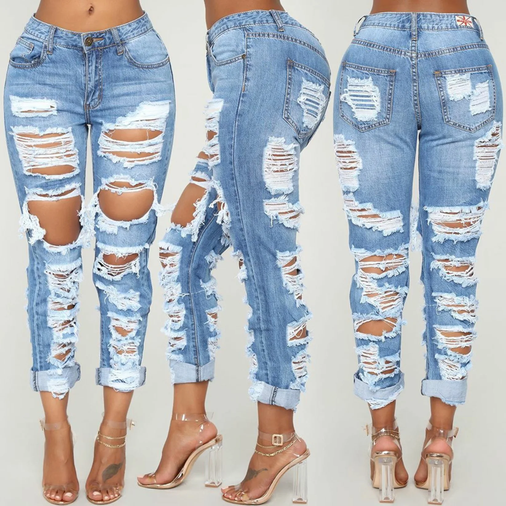 Wholesale ready to ship women's summer jeans front and back ripped jeans customized denim jeans
Wholesale ready to ship women's summer jeans front and back ripped jeans customized denim jeans