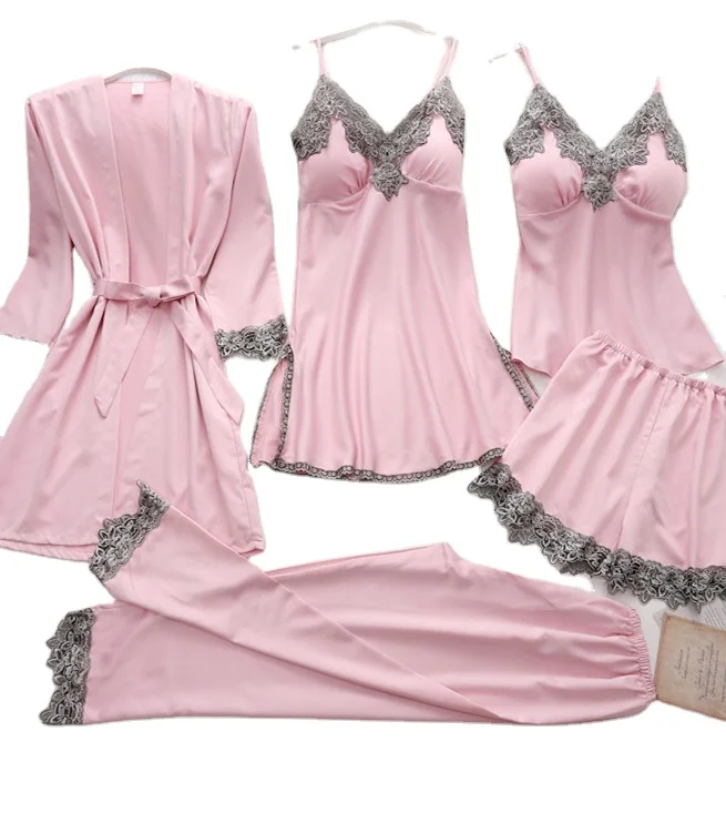 Women sleepwear 5pcs sleeveless sexy solid color all season pajama silk set with vest robe nightdress pants for girls and women
Women sleepwear 5pcs sleeveless sexy solid color all season pajama silk set with vest robe nightdress pants for girls and women