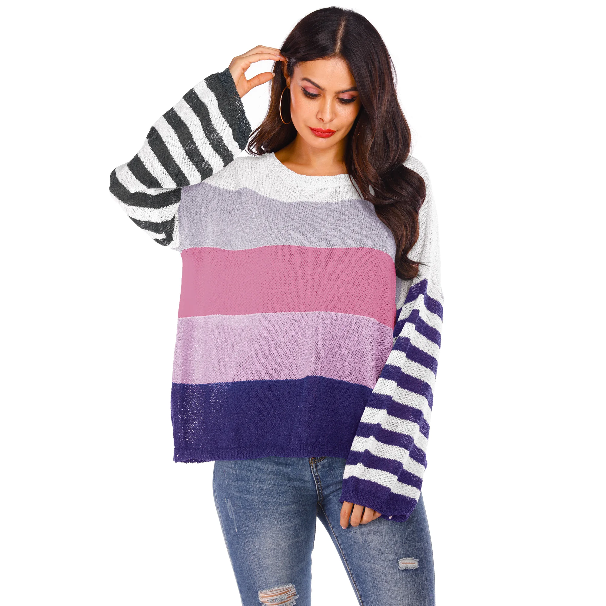 Fashion Ladies Knitwear Striped Stitching Large Size Loose Knit Sweater Women Casual Jumper
Fashion Ladies Knitwear Striped Stitching Large Size Loose Knit Sweater Women Casual Jumper