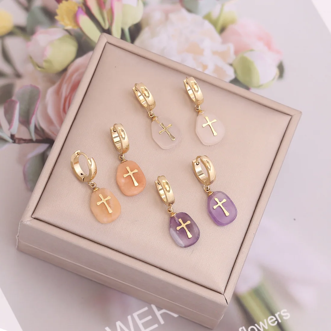 Non tarnish stainless steel Gold plated colorful natural stones rectangle cross earrings for women
Non tarnish stainless steel Gold plated colorful natural stones rectangle cross earrings for women