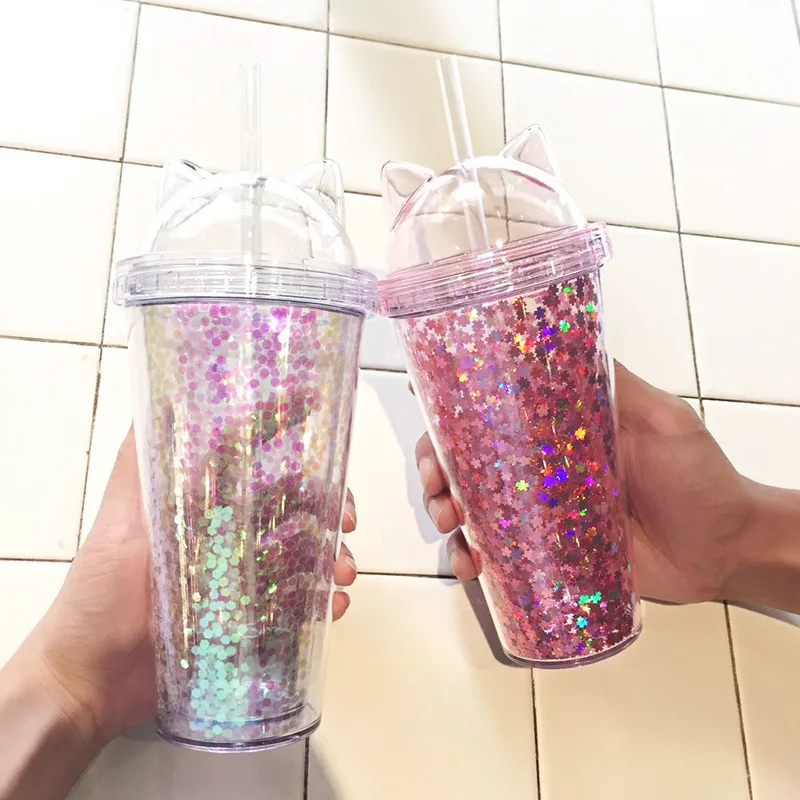 2020 new fashion girls gifts cute pink plastic drinking cups with cat ear cover double wall straw glitter cup, As picture showing
2020 new fashion girls gifts cute pink plastic drinking cups with cat ear cover double wall straw glitter cup, As picture showing