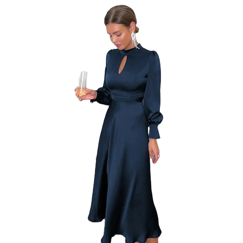 2022 new arrivals spring collection round neck fashion ladies royal blue long sleeve satin casual office dresses 
2022 new arrivals spring collection round neck fashion ladies royal blue long sleeve satin casual office dresses
