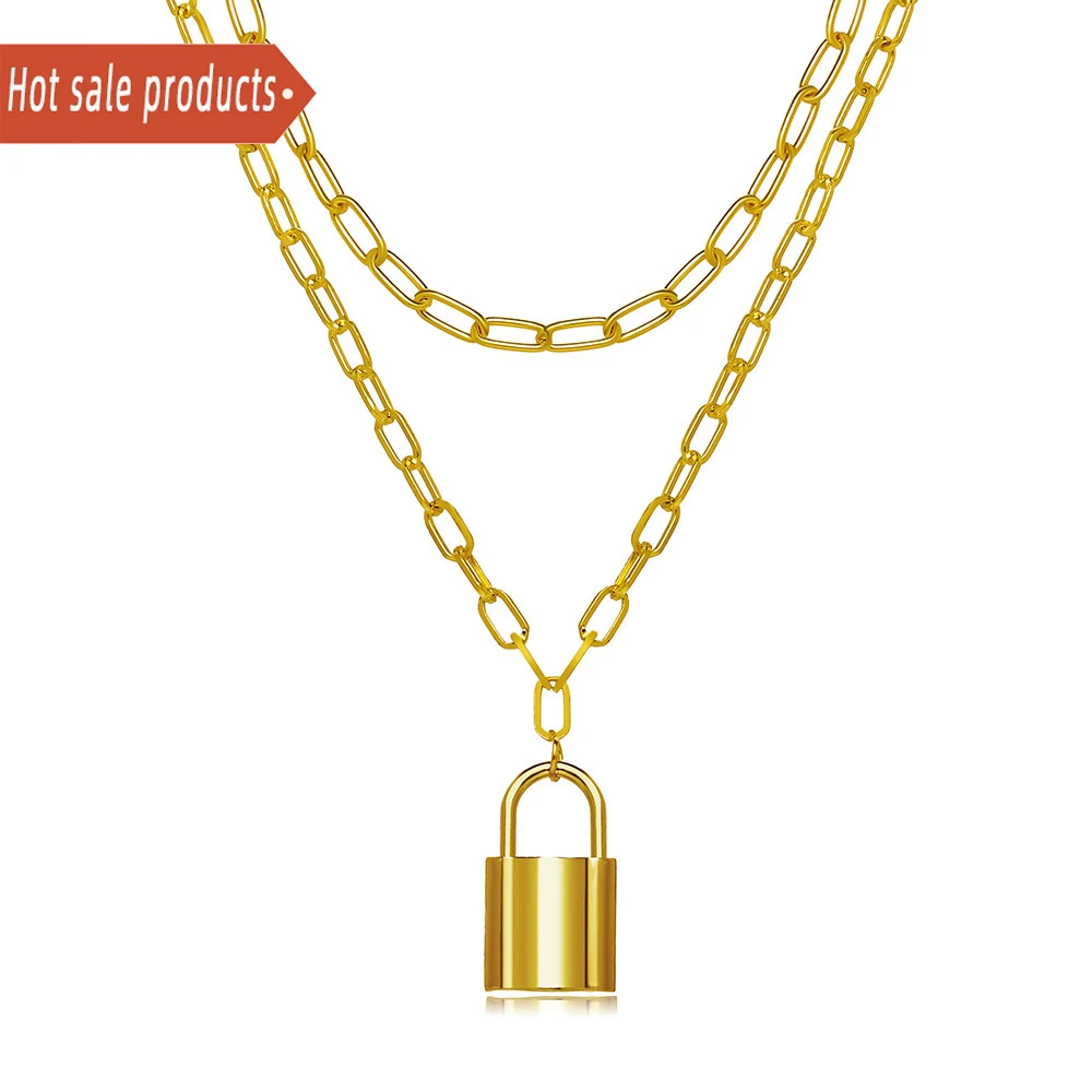 

Hot Selling Trendy gold plated clip chain with lock heart triple layered necklaces Lover Lock Pendant Necklace Statement Jewelry