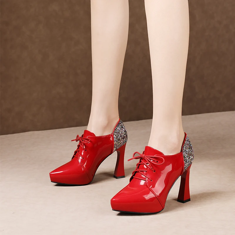 Elegant Stylish Patent Leather Sequins Decoration Lace-up Thick Heels, Black/red
Elegant Stylish Patent Leather Sequins Decoration Lace-up Thick Heels, Black/red