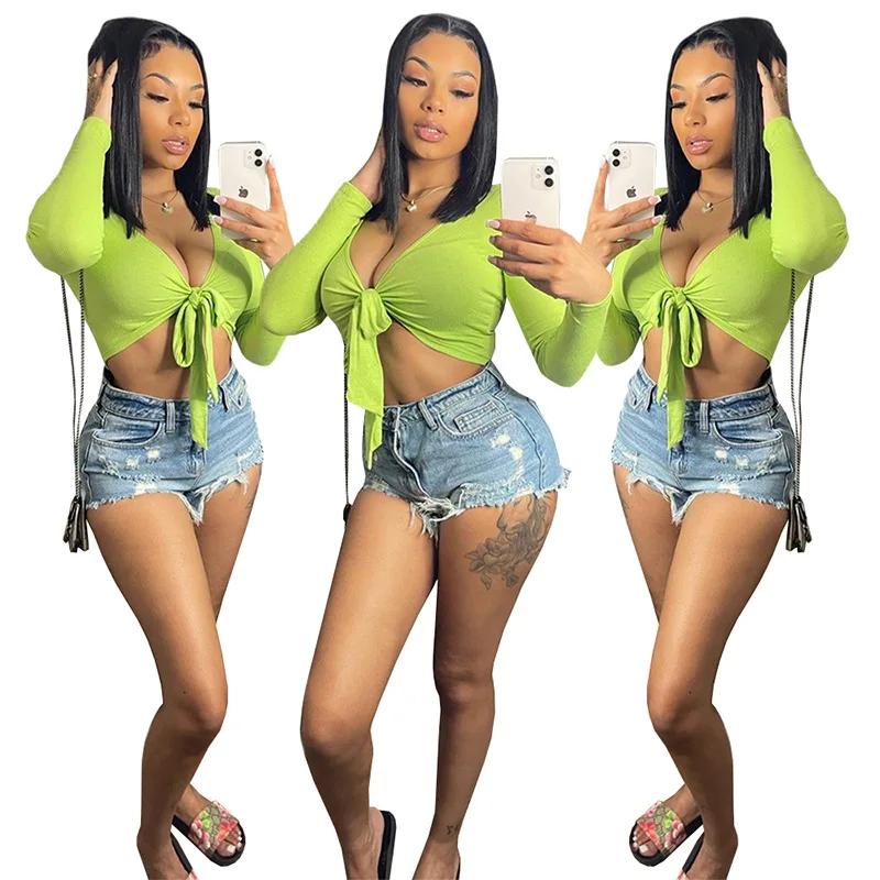 2021 Summer Casual T Shirt Green Deep V-neck Lace Up Long Sleeve Sexy Women Crop Top, Picture
2021 Summer Casual T Shirt Green Deep V-neck Lace Up Long Sleeve Sexy Women Crop Top, Picture