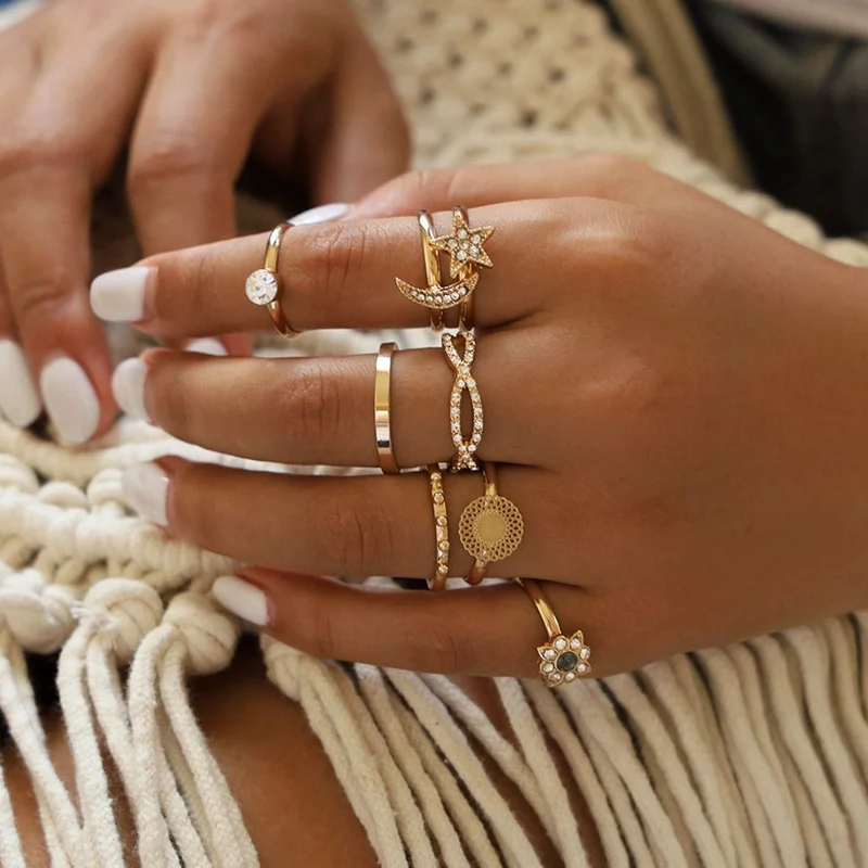 High quality 8Pc/set New Gold Alloy Crystal Zircon you are my star moon ring set for women bagues pour femme wedding rings
High quality 8Pc/set New Gold Alloy Crystal Zircon you are my star moon ring set for women bagues pour femme wedding rings