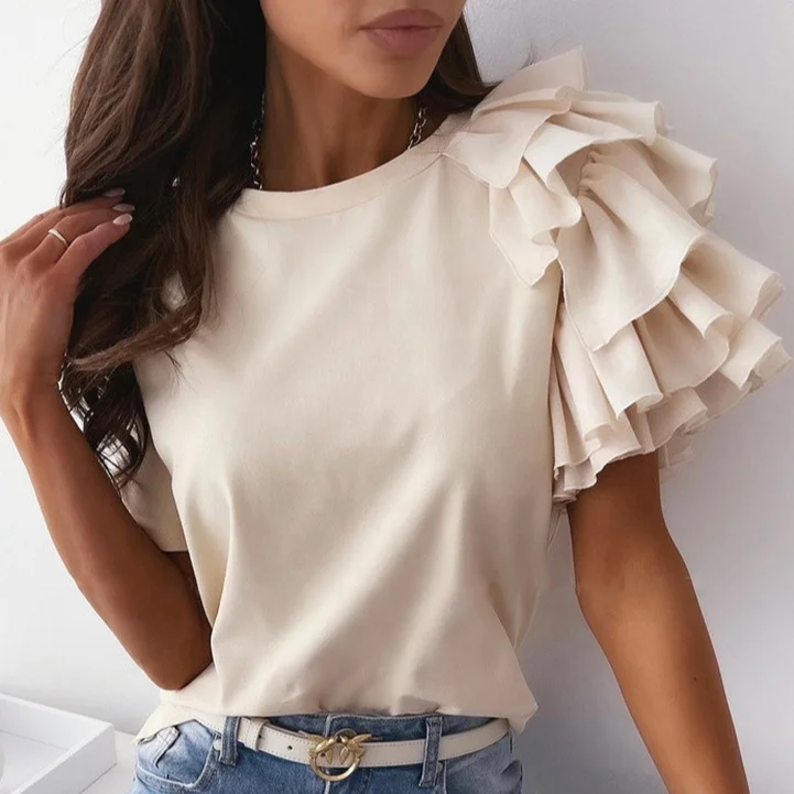 Summer Ruffled Short Sleeve Round Neck Ladies T-shirt Simple And Stylish Solid Color T Shirt
Summer Ruffled Short Sleeve Round Neck Ladies T-shirt Simple And Stylish Solid Color T Shirt