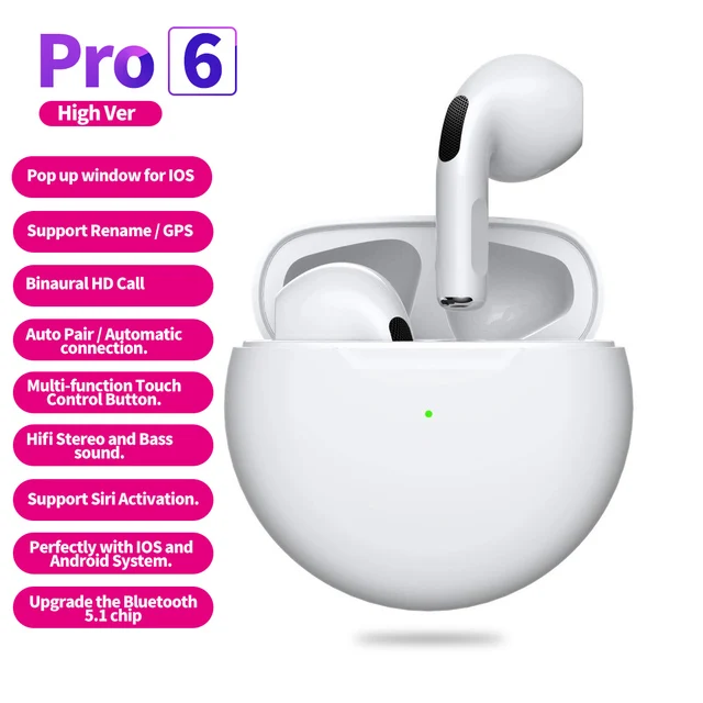 Pro6 TWS Wireless 5.0 Earbuds Sports Headphones For All Mobile Phone Earphone Noise Canceling Free Sample Factory OEM, White
Pro6 TWS Wireless 5.0 Earbuds Sports Headphones For All Mobile Phone Earphone Noise Canceling Free Sample Factory OEM, White