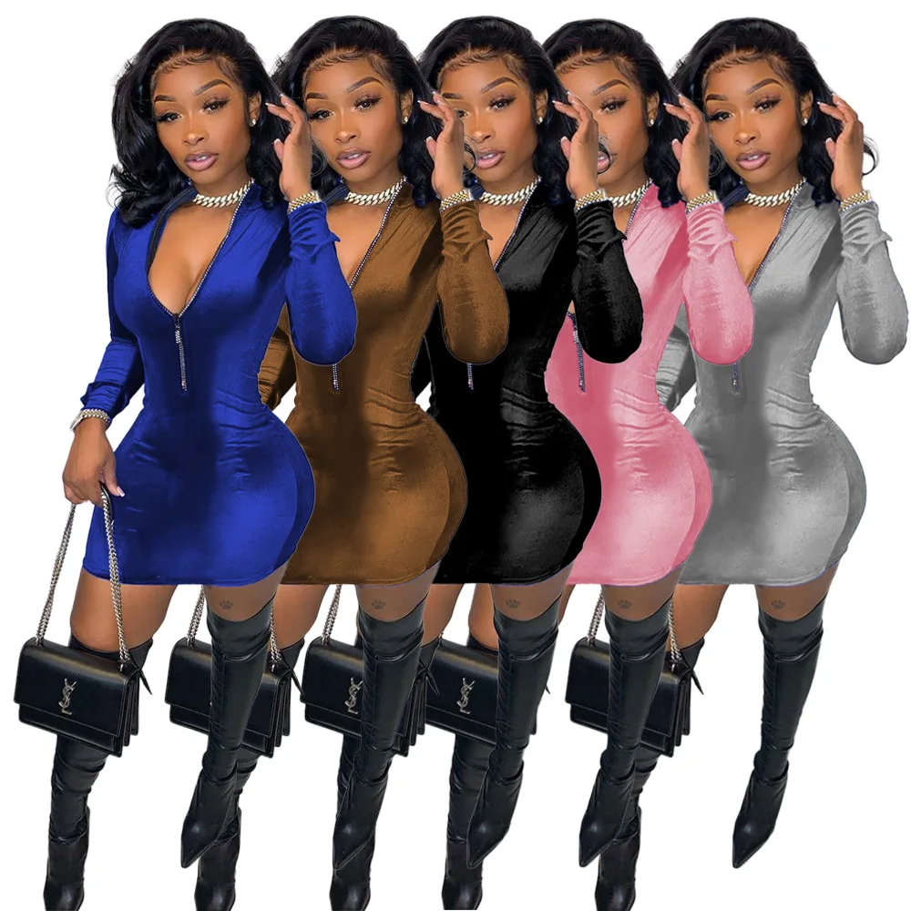 2022 New Arrival Spring Long Sleeve Sexy Mini Dress Fashion Zipper Velvet Dresses For Women Solid V Neck Velvet Bodycon Dress
2022 New Arrival Spring Long Sleeve Sexy Mini Dress Fashion Zipper Velvet Dresses For Women Solid V Neck Velvet Bodycon Dress