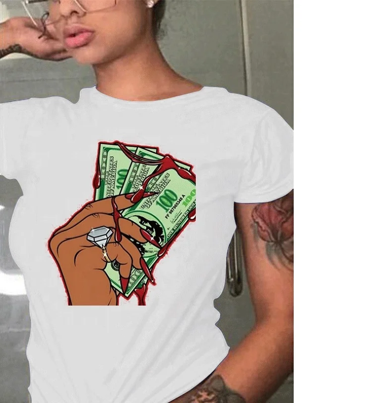 European and American summer US dollar print personality trend short-sleeved women's T-shirt, Solid color
European and American summer US dollar print personality trend short-sleeved women's T-shirt, Solid color