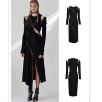 

Top Quality Black Long Sleeve Open Fork Rayon Bandage Cocktail Party Dress