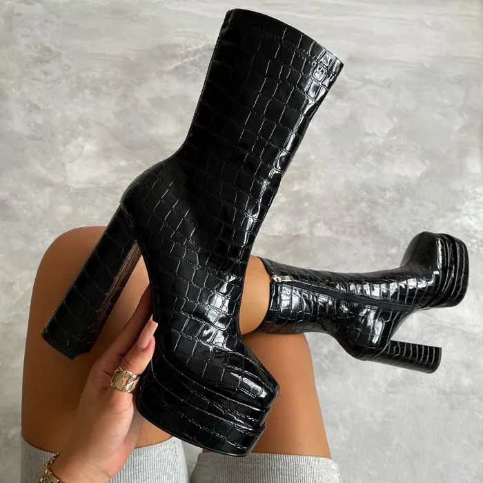 Square toe women winter shoes platform chunky heel patent leather women's ankle croc boots, Black
Square toe women winter shoes platform chunky heel patent leather women's ankle croc boots, Black