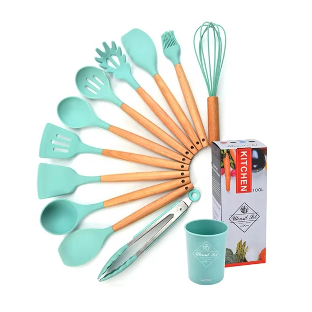 

wholesale china yangjiang eco friendly kitchenware cookware sets utensils product silicone wooden handle