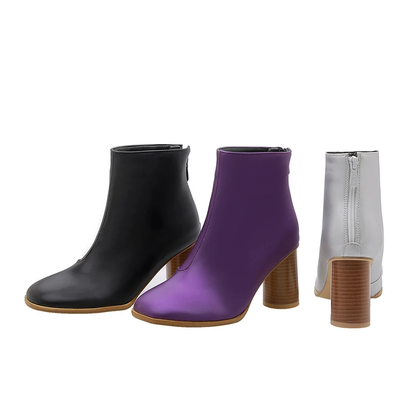 Winter New Style Back Zipper Black Silver Leather Wooden Round High Heels Boots, Black silver purple
Winter New Style Back Zipper Black Silver Leather Wooden Round High Heels Boots, Black silver purple