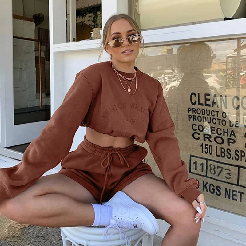 Fashion youbor polyester cotton 2 piece stack pants suits casual long sleeve o-neck loose hoodie shorts 2 piece sets for women, Brown/green 
Fashion youbor polyester cotton 2 piece stack pants suits casual long sleeve o-neck loose hoodie shorts 2 piece sets for women, Brown/green