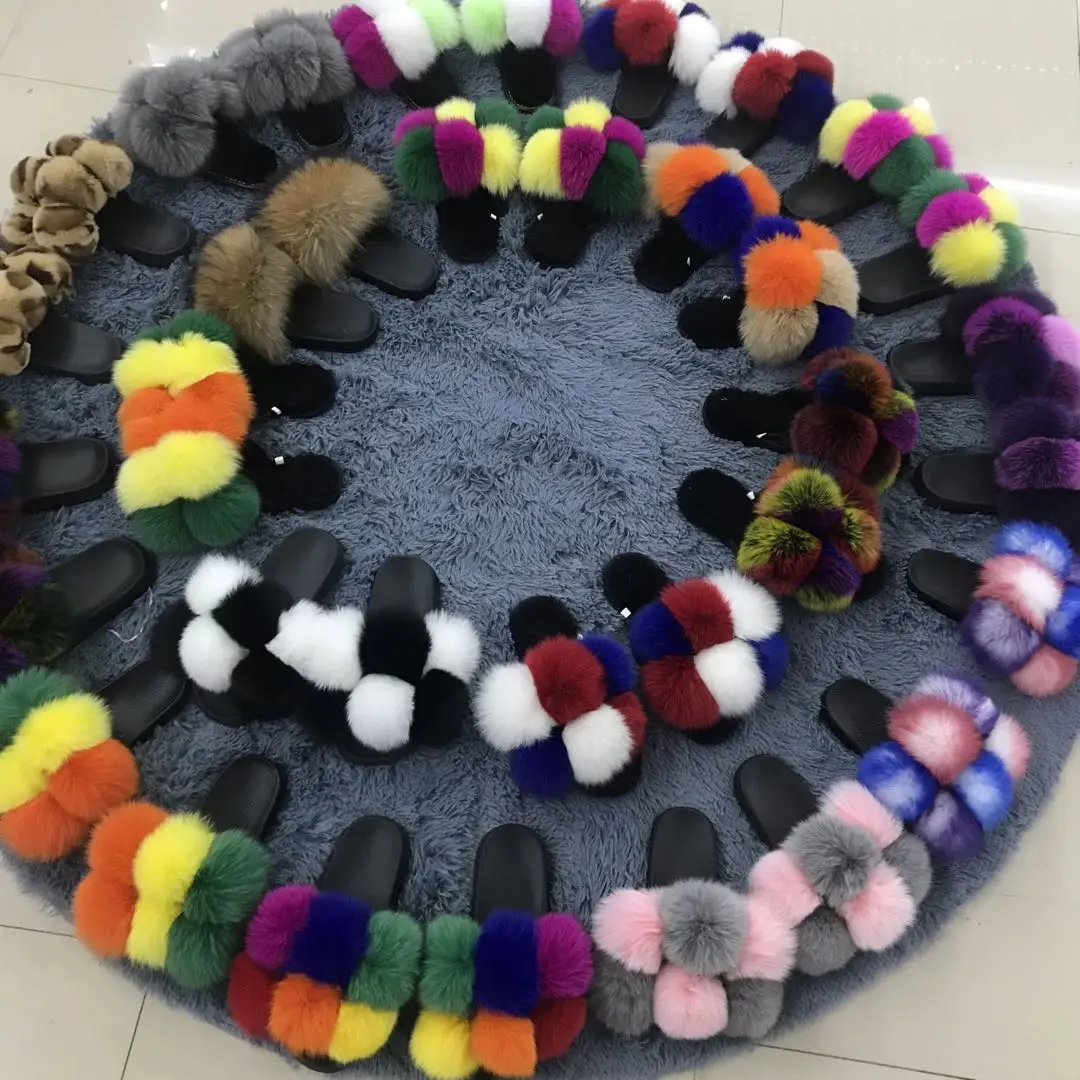 wholesale fur slippers womens multi color fox fur ball slippers big fluffy fur slides, Customized color
wholesale fur slippers womens multi color fox fur ball slippers big fluffy fur slides, Customized color