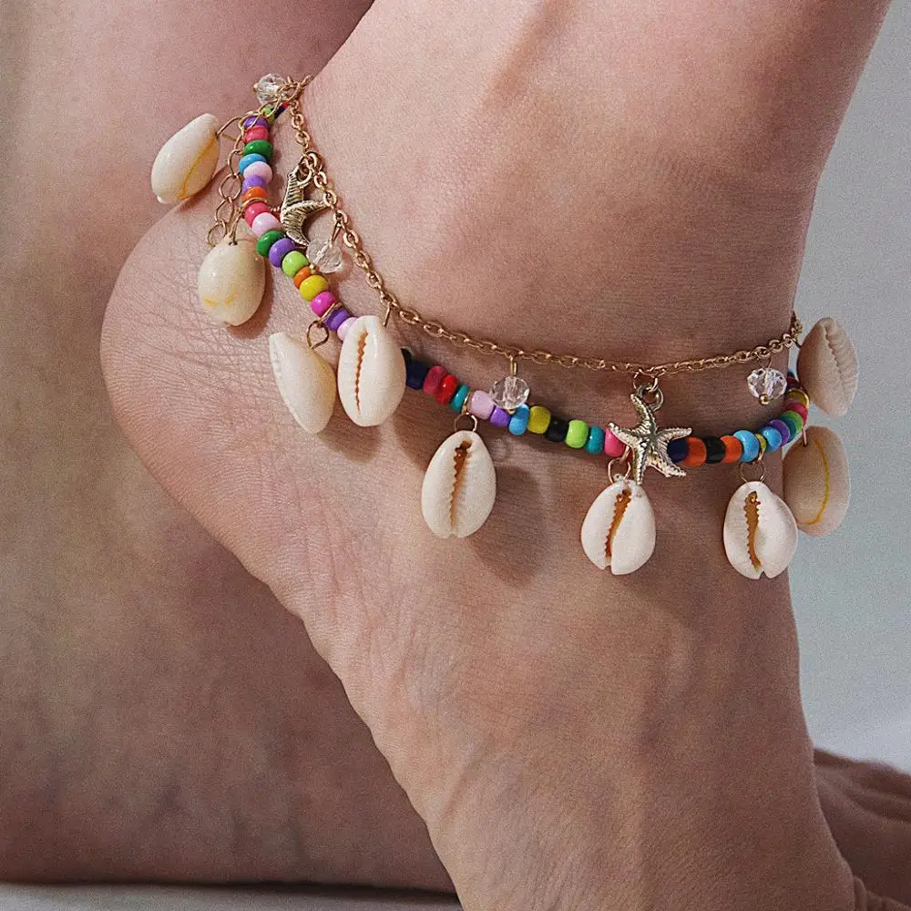 

New Brand Beach Multilayer Foot 18k Gold Chain Starfish Sea Anklet Colorful Seed Bead Cowrie Shell Anklets