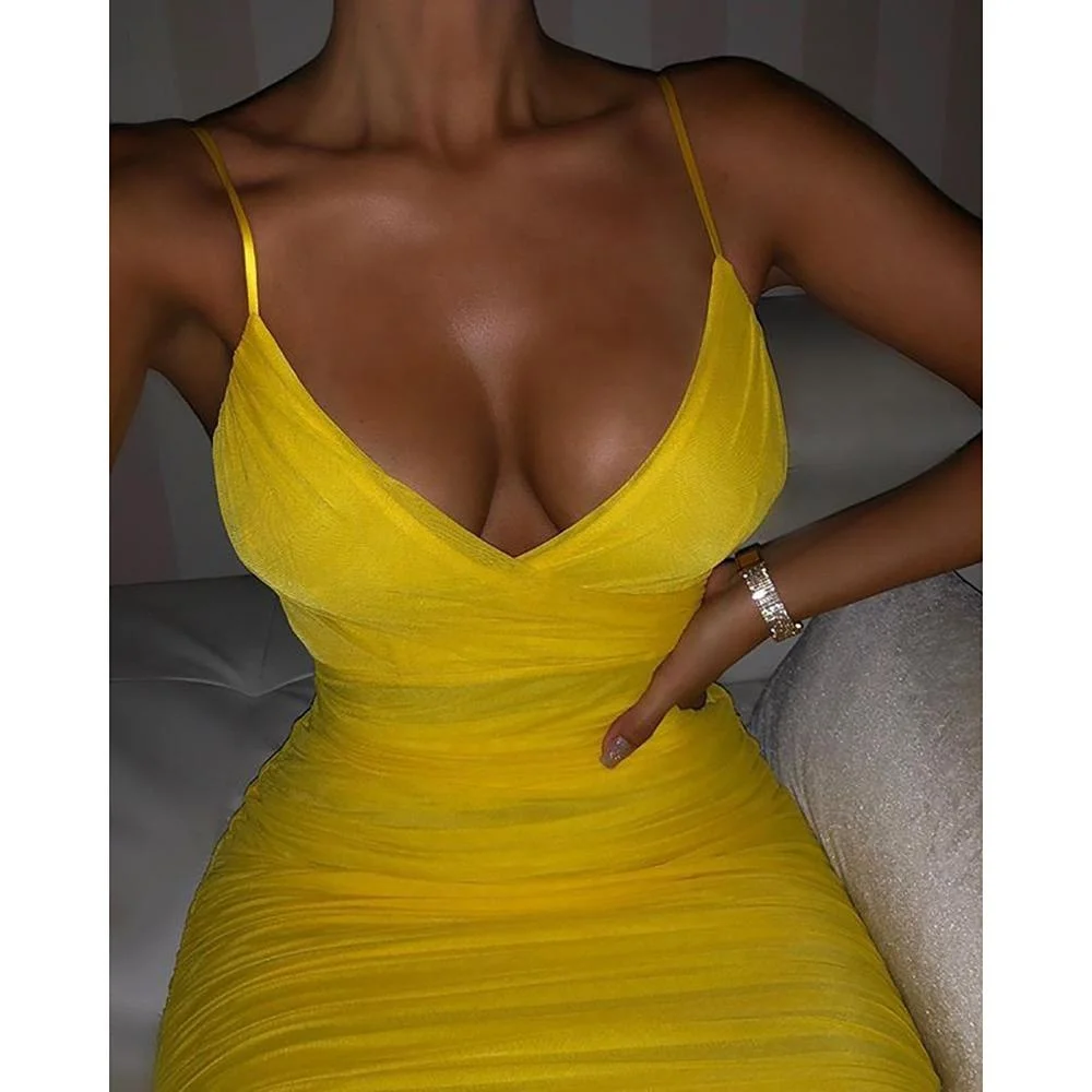 B51252A New style lady sexy deep V-neck mesh pleated fashion slit strap dress, Yellow
B51252A New style lady sexy deep V-neck mesh pleated fashion slit strap dress, Yellow