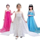 Girls Sequins Princess Dress Snow Queen Elsa Costume White Blue Rose Party Gown with Long Train Children Halloween Frock