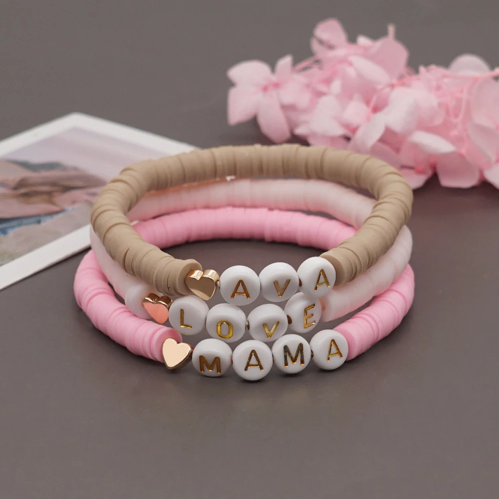 

Go2Boho 4pcs/5pcs Hematite Heart Bracelets Gold Color Beaded Heishi Bracelet For Women Polymer Clay LOVE MAMA Letter Jewelry