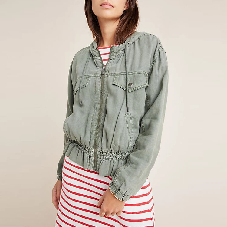 Clásico estilo minimalista mujeres con capucha cordón botón chaqueta Peplum