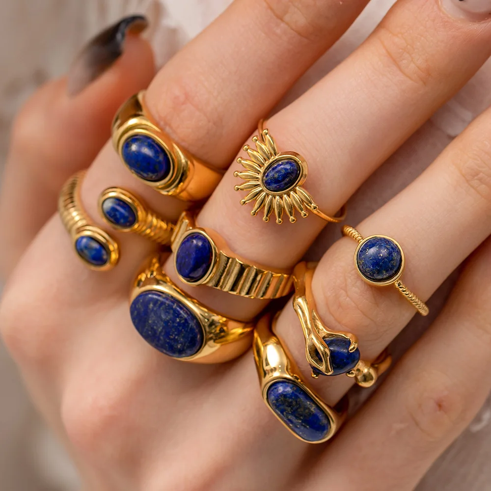 

Vintage Waterproof 18k Gold Plated Stainless Steel Jewelry Exaggerate Opening Lapis Lazuli Ring for Women Gift