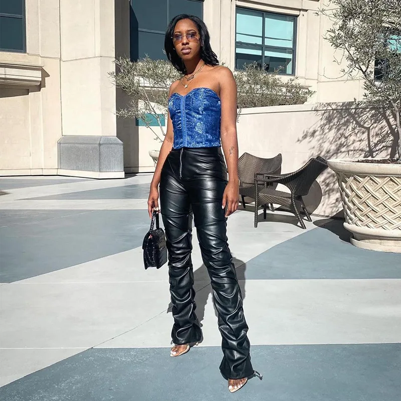 Best selling fashion woman soft leather look pants high waist stacked pu trousers
Best selling fashion woman soft leather look pants high waist stacked pu trousers