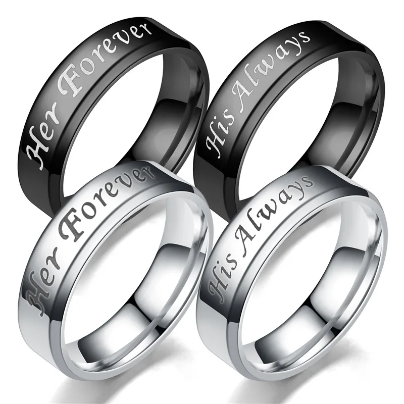 

His Always/Her Forever Black Silver Promise Engagement Band Wedding Stainless Steel Anniversary Ring