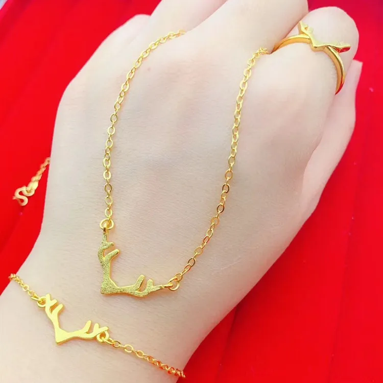 

Popular Gold Plated Deer Set Necklace Bracelet Ring Fashion Jewelry Brass Gold Antler Chain Wedding