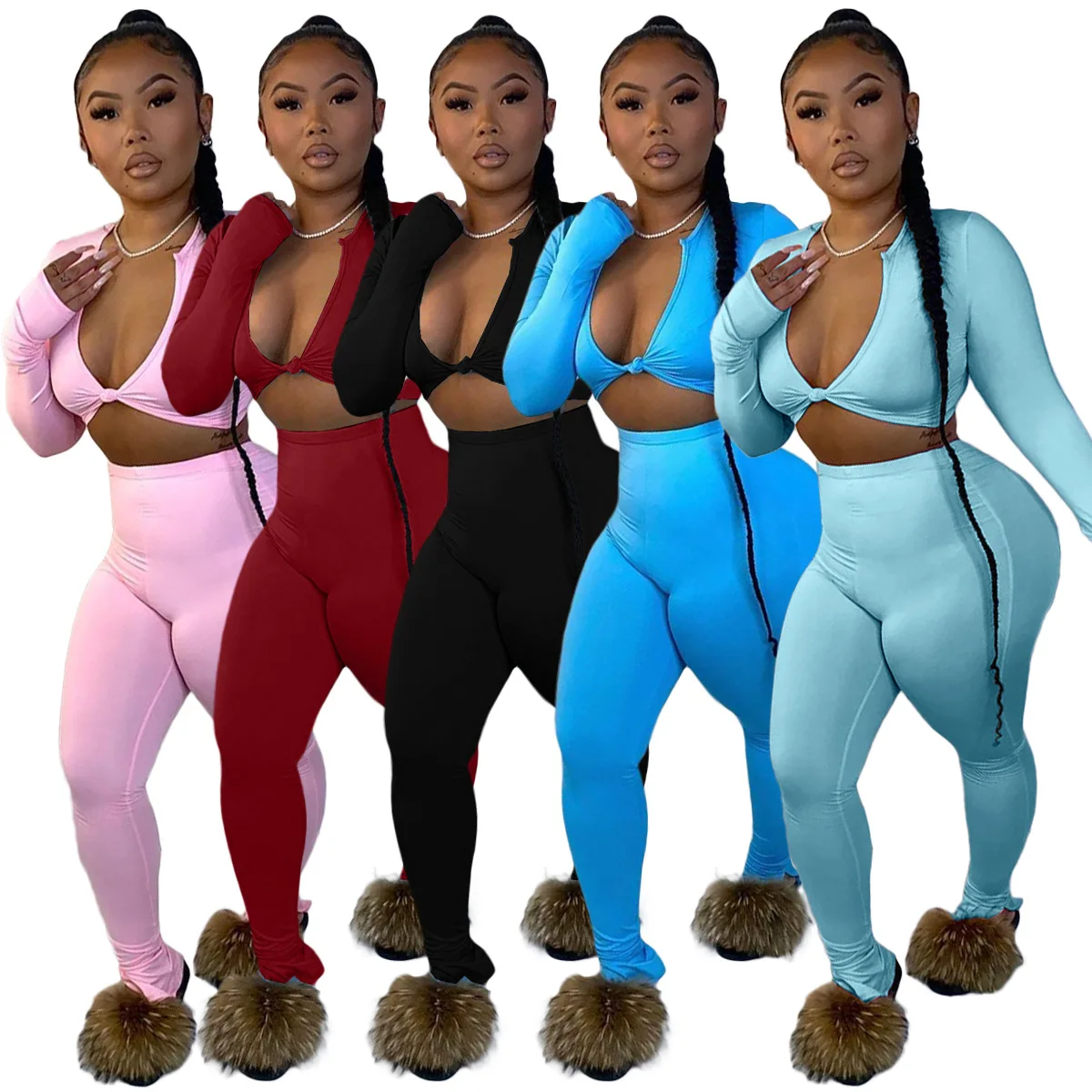 Spring Sexy Women Bodycon Clothing Two Piece Set Solid Color Deep V Long Sleeve Crop Tops Trousers 2 Piece Bodysuits For Women
Spring Sexy Women Bodycon Clothing Two Piece Set Solid Color Deep V Long Sleeve Crop Tops Trousers 2 Piece Bodysuits For Women
