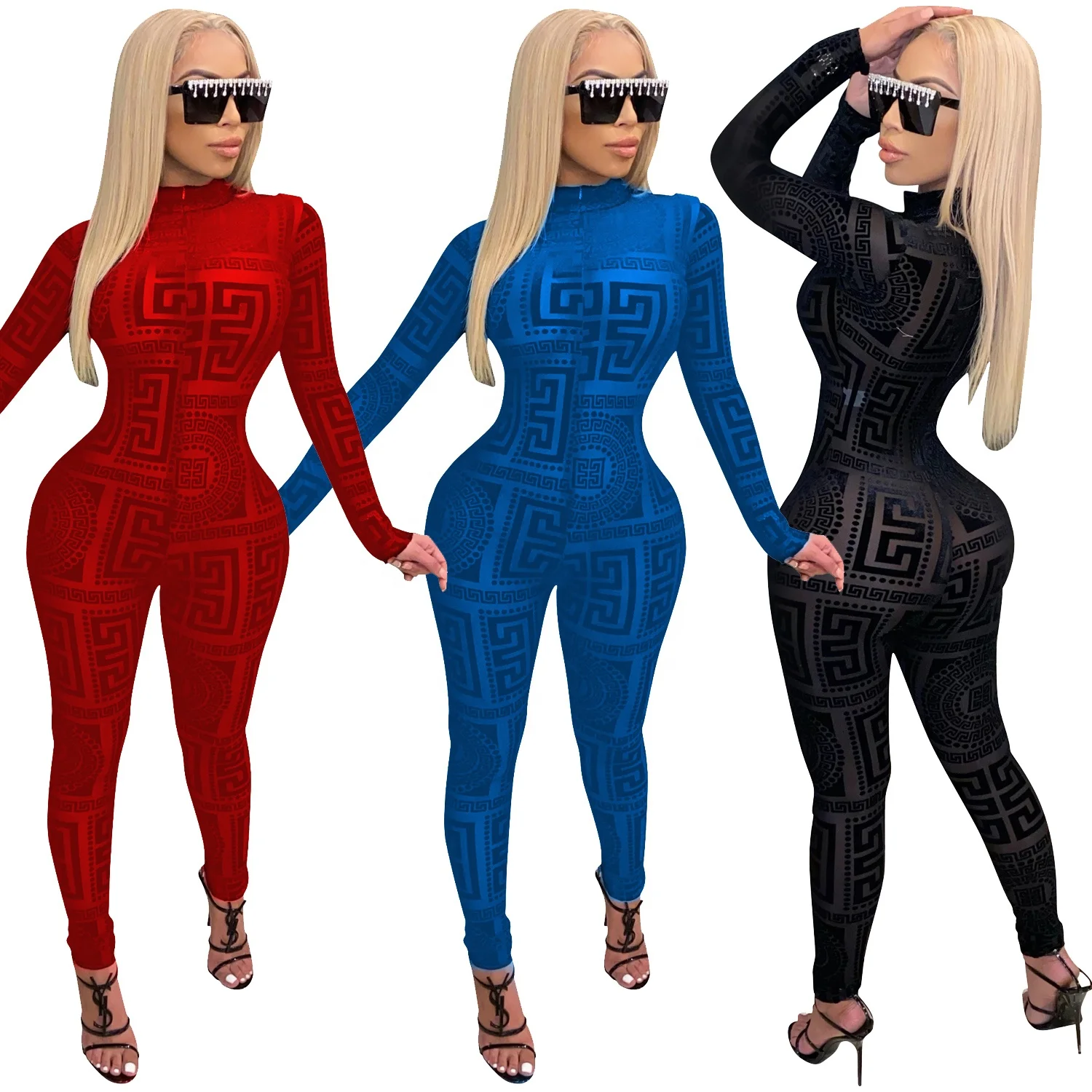 Fashion Stand Neck Solid Color Floral Print Mesh Transparent Long Sleeve Bodycon Jumpsuits Women Sexy Night Club Party Romper
Fashion Stand Neck Solid Color Floral Print Mesh Transparent Long Sleeve Bodycon Jumpsuits Women Sexy Night Club Party Romper