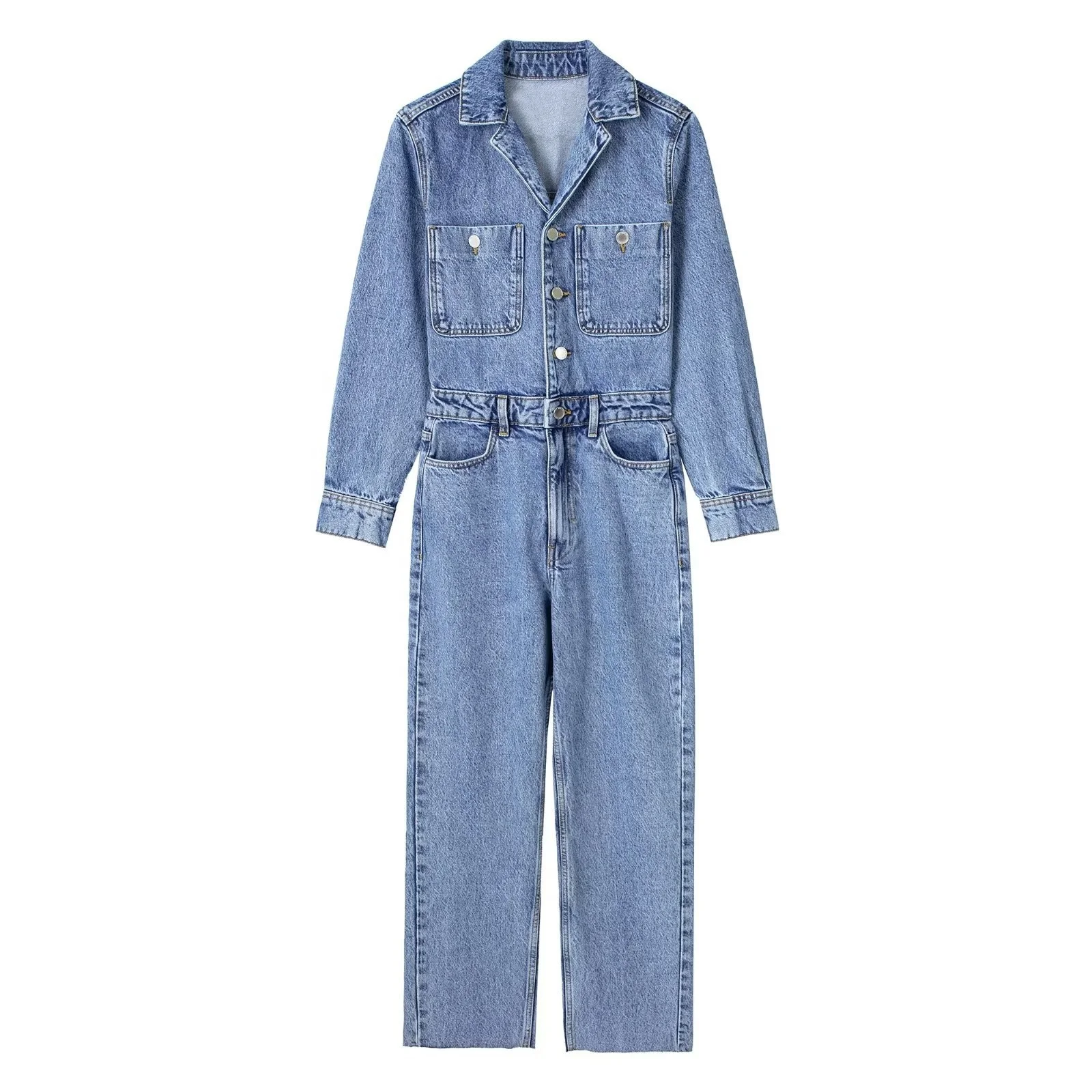 New women's lapel single breasted pocket long sleeved waistband straight leg jeans Jumpsuit
New women's lapel single breasted pocket long sleeved waistband straight leg jeans Jumpsuit