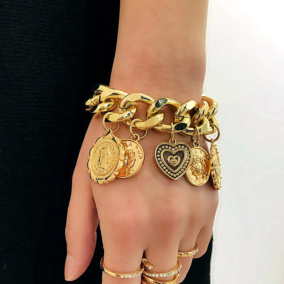 Custom gold coin metal bracelet female Punk cuff bracelet gold love heart coin charms bracelet women
Custom gold coin metal bracelet female Punk cuff bracelet gold love heart coin charms bracelet women