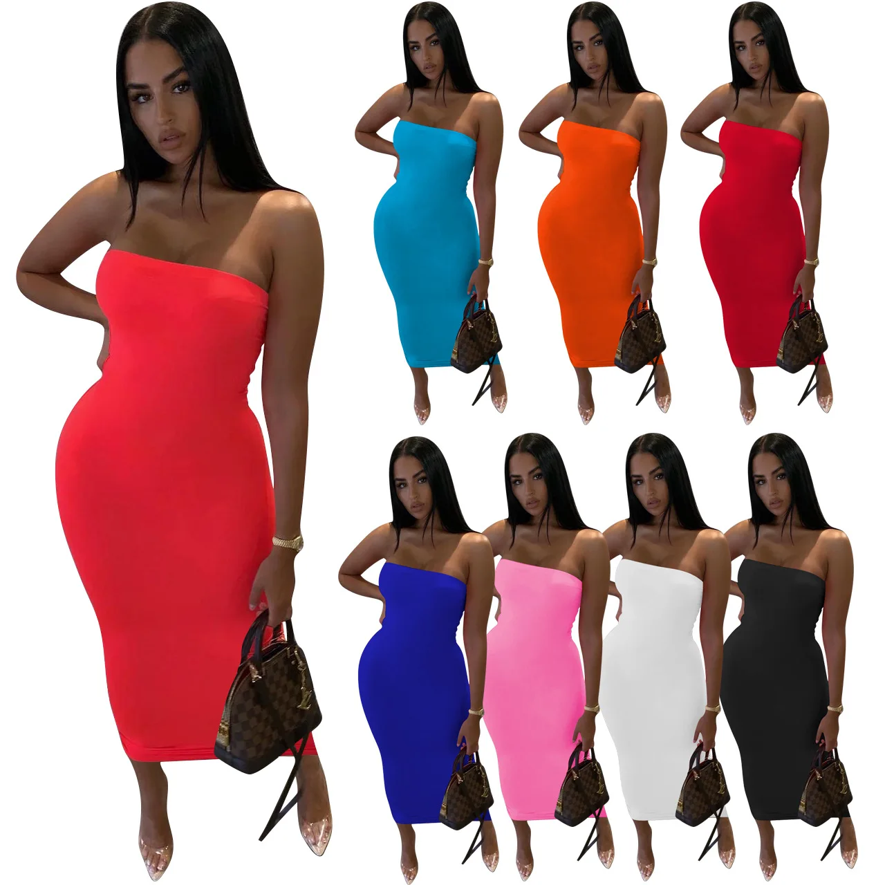 

New Trends Wholesale Charming Strapless Boat Neck Sleeveless Summer Length Bodycon Dress For Ladies Dresses Women Clothing, White,pink,orange,red,black,deep blue,blue,fluorescence pink