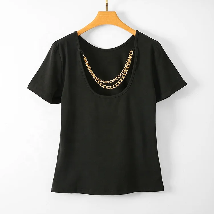 Sexy summer round neck short sleeve U-shaped slim backless summer blouse women with chain
Sexy summer round neck short sleeve U-shaped slim backless summer blouse women with chain