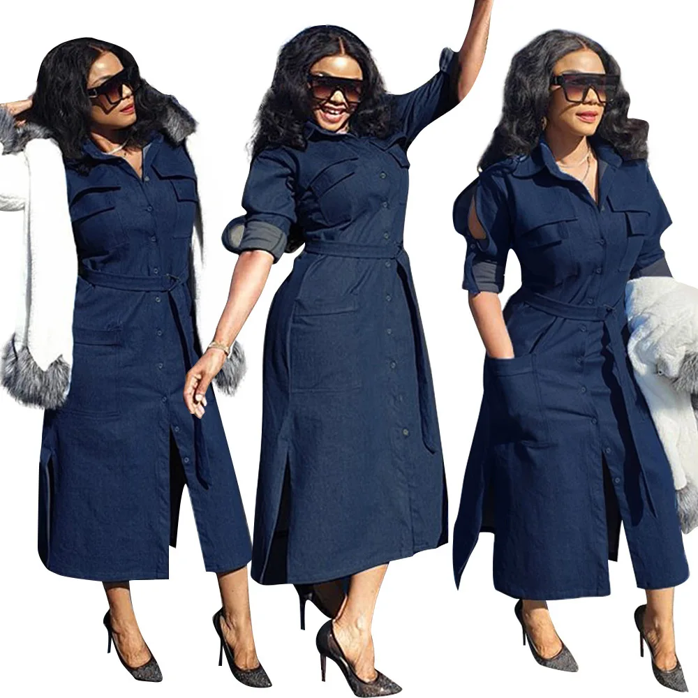 Long Design Woman Turkey Dress with Belt Blue Off Shoulder Denim Shirt Dress, As shown
Long Design Woman Turkey Dress with Belt Blue Off Shoulder Denim Shirt Dress, As shown