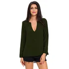 High Quality V Neck Women Long Sleeve Fashion Button Detail Dip Back Blouse Top
