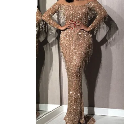 women's Sequin tassel Slim bodycon off the shoulder long sleeve evening dress, Picture
women's Sequin tassel Slim bodycon off the shoulder long sleeve evening dress, Picture