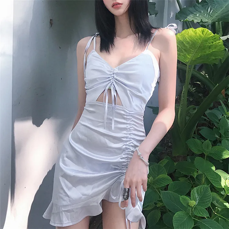 Summer Satin Dress Women Tie Up Bow Strap V-neck Drawstring Ruched Hollow Out Sexy Dresses Casual White Ruffled Dress, Black/white
Summer Satin Dress Women Tie Up Bow Strap V-neck Drawstring Ruched Hollow Out Sexy Dresses Casual White Ruffled Dress, Black/white