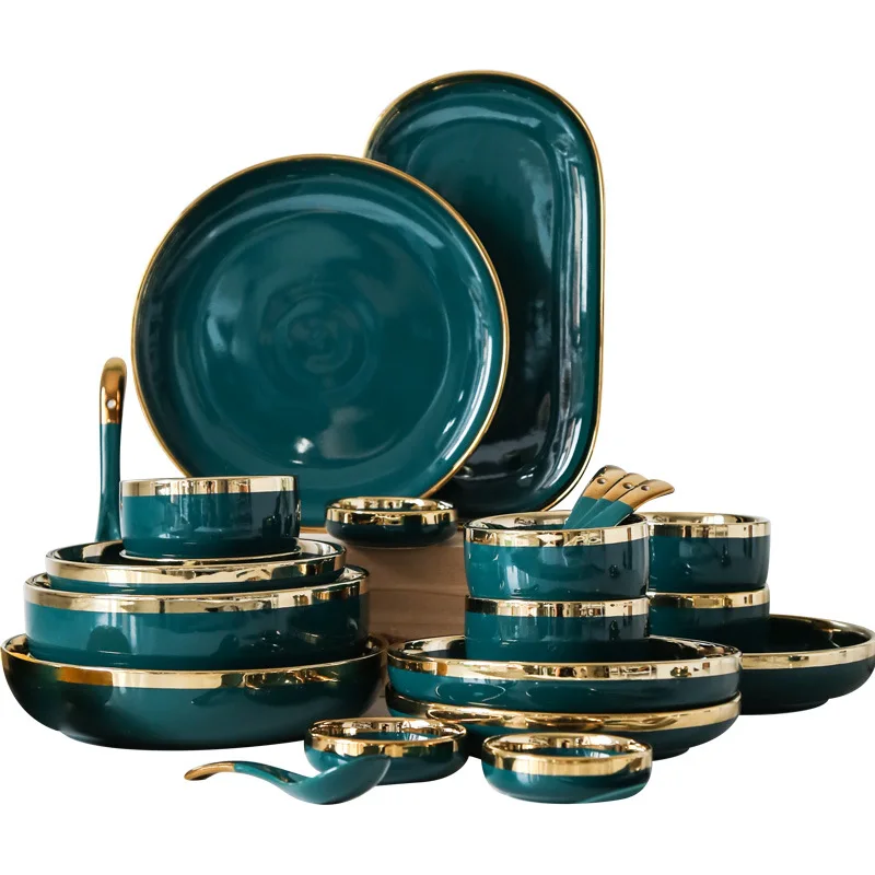 

Dinner Set Plate Ceramic Porcelain Luxury Cheap Wholesale Gold Rim Green 9PCS 18PCS 26PCS Plates Sets Dinnerware