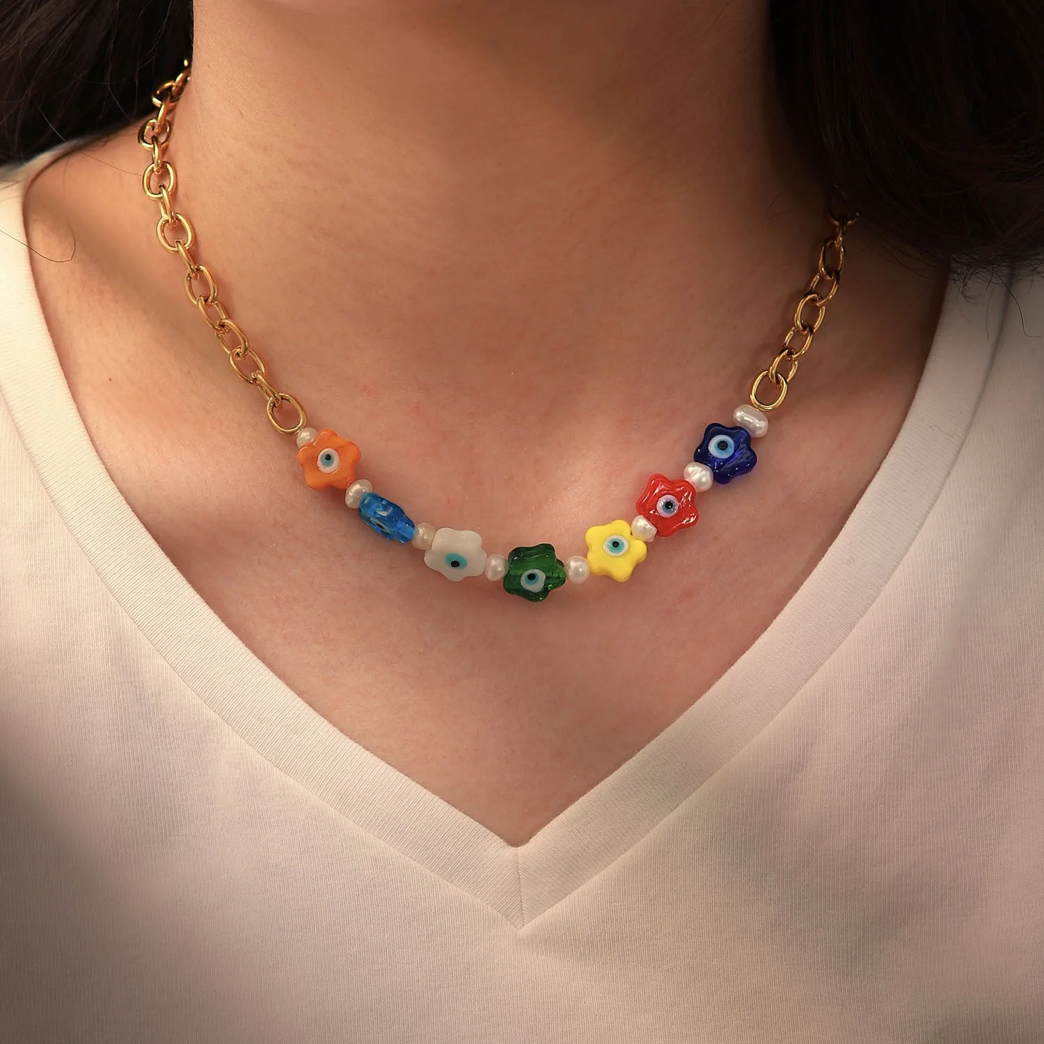 Cute Style Cross Chain Pearl Bead 18K Gold Plated Stainless Steel Coloured Acryl Flowers Eye Necklace for Gift
Cute Style Cross Chain Pearl Bead 18K Gold Plated Stainless Steel Coloured Acryl Flowers Eye Necklace for Gift