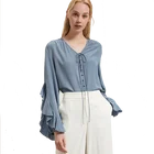2019 Spring Autumn elegant 100% silk shirt ladies blouse long sleeve women's blue blouse