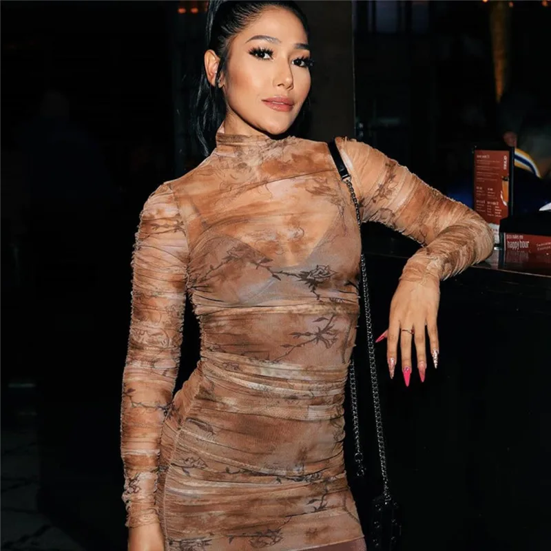 European-american style autumn winter new women's dress round neck long sleeve gauze print sexy slim dress women, Khaki
European-american style autumn winter new women's dress round neck long sleeve gauze print sexy slim dress women, Khaki