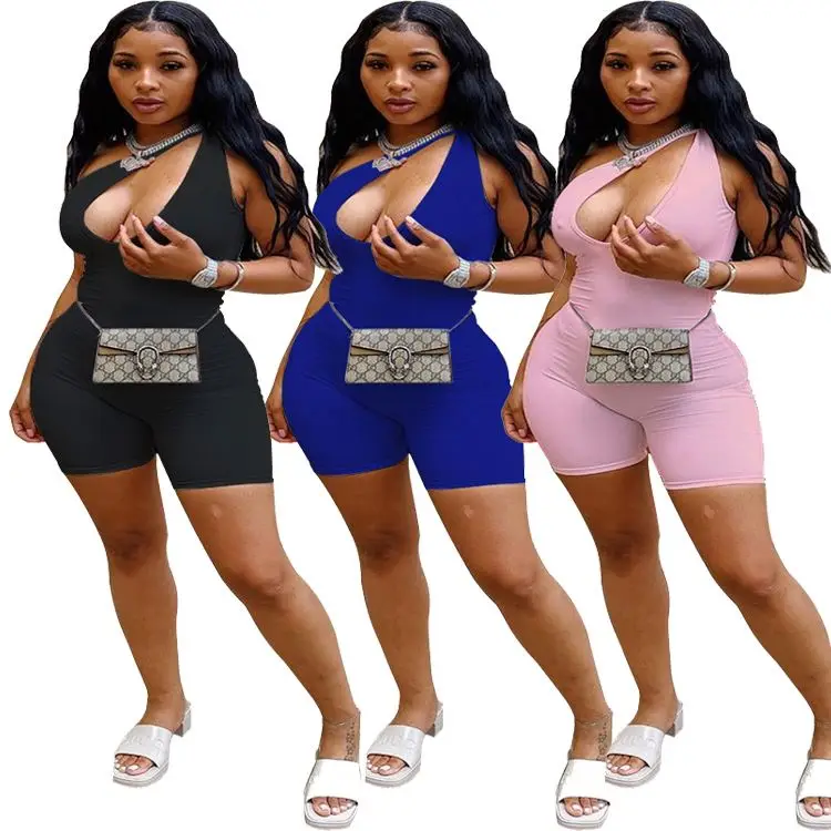 

DUODUOCOLOR New style summer fashion solid color oblique shoulder hollow out casual sexy jumpsuit 2021 women clothing D10536, Black,blue,pink