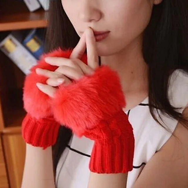 Autumn winter knitting warm half finger fingerless female gloves wool wrist hand wrist fur exposed touch screen short gloves