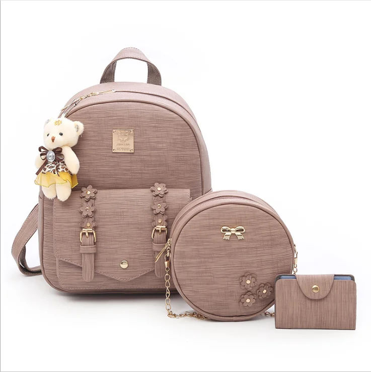 Wholesale Fashion Waterproof PU Korean Large Capacity Backpack 3 Piece Set Schoolbag with Bear Pendant Girls Handbag, Customized color
Wholesale Fashion Waterproof PU Korean Large Capacity Backpack 3 Piece Set Schoolbag with Bear Pendant Girls Handbag, Customized color